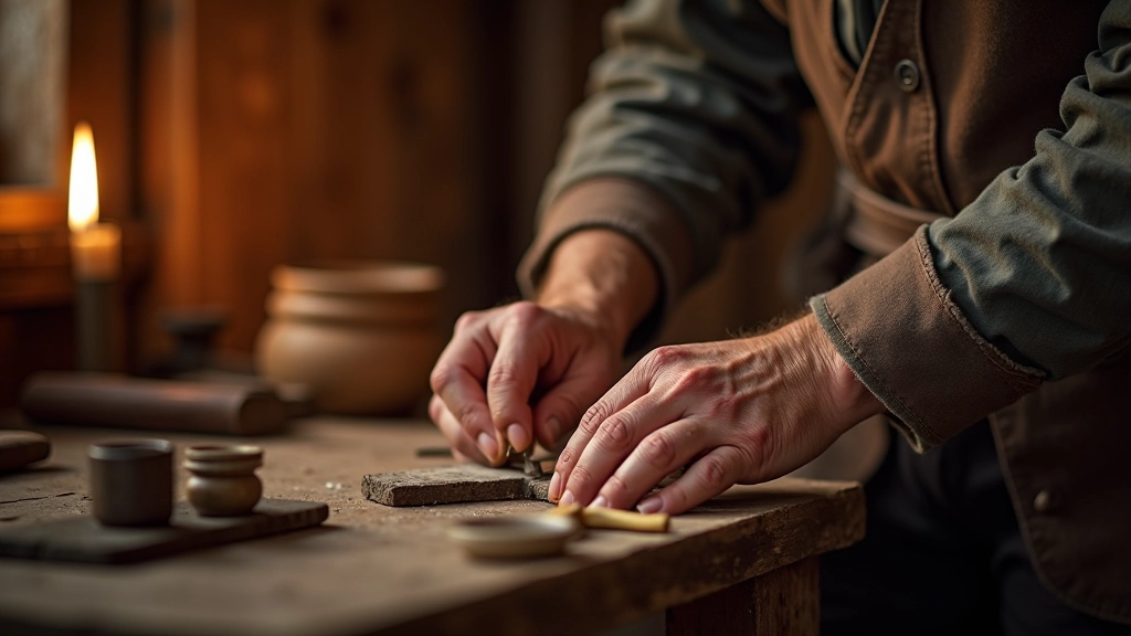Craftsperson at work demonstrating traditional skills, wooden workshop interior with tools and materials