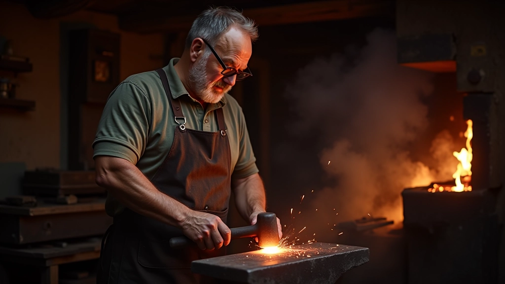 Blacksmith striking hot metal on anvil with hammer, sparks flying, traditional smithy workshop