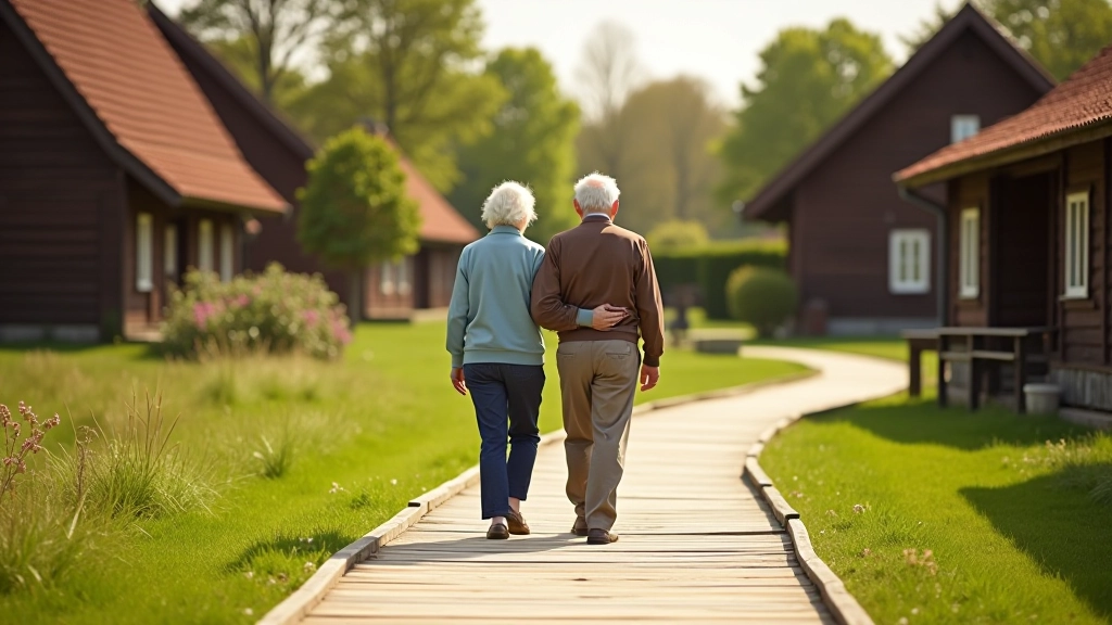 Senior visitors walking through farmstead pathways at Rumšiškės museum village