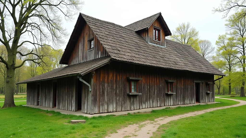 Traditional wooden barn structure with sloped roof and weathered timber construction typical of Lithuanian rural architecture