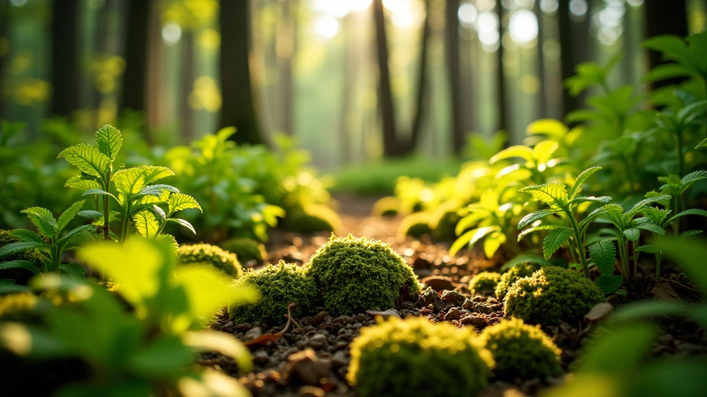 Close-up view of woodland forest floor with ferns, moss-covered rocks, and morning mist between tall tree trunks creating peaceful natural atmosphere