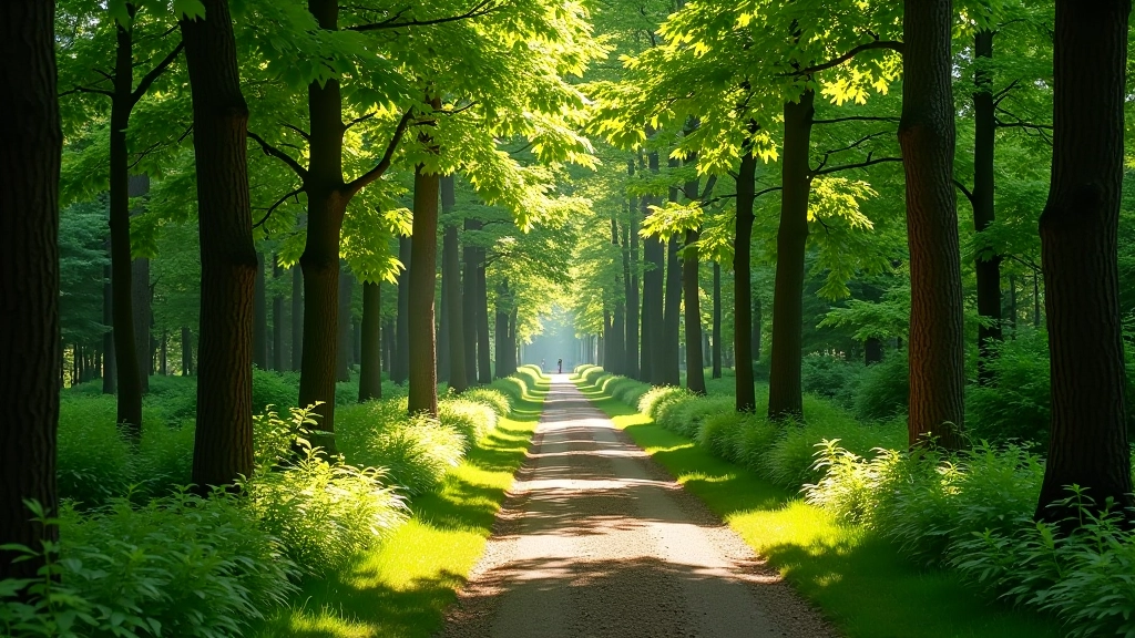 Scenic woodland path with mature trees creating natural canopy and dappled light on walking trail