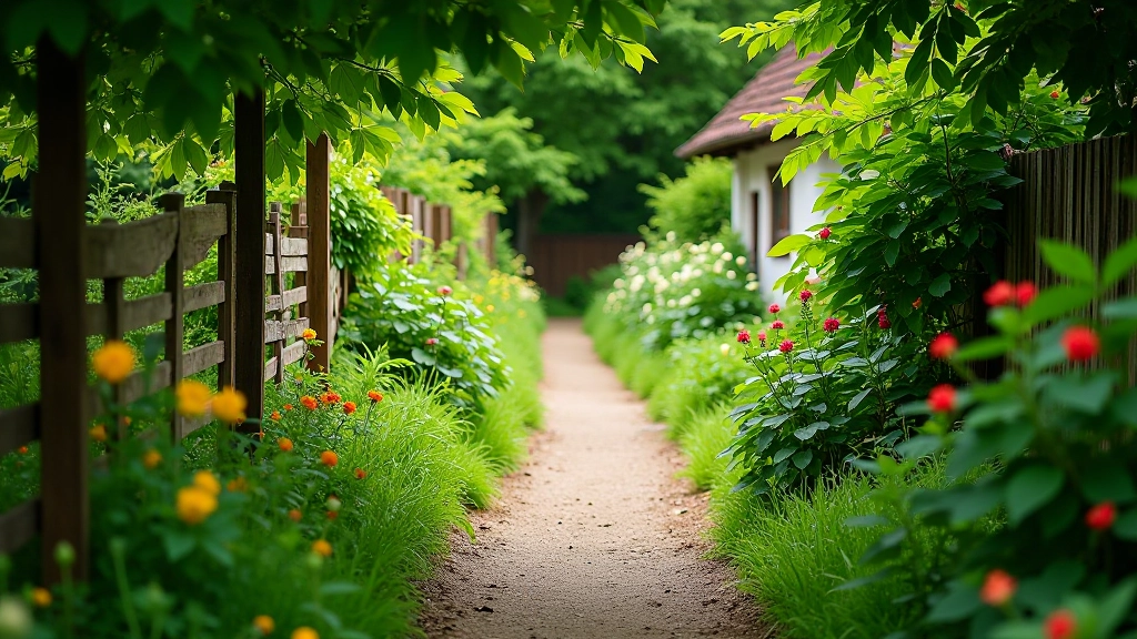 Traditional heritage garden with flowering plants, vegetables, and cultivated beds showing seasonal plantings