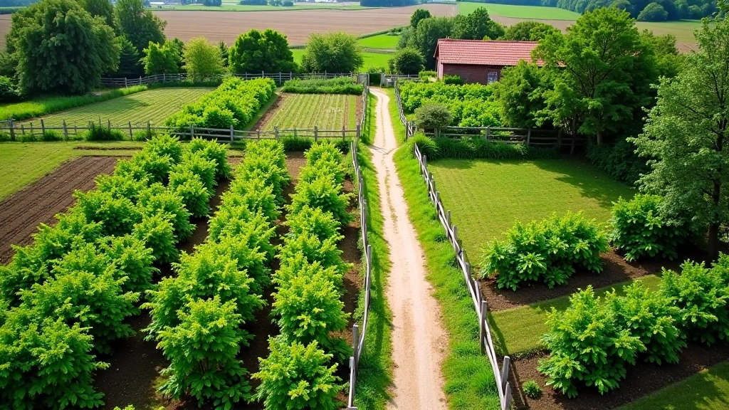 Overhead view of traditional heritage gardens with neat rows of vegetables, wooden fencing, and walking paths