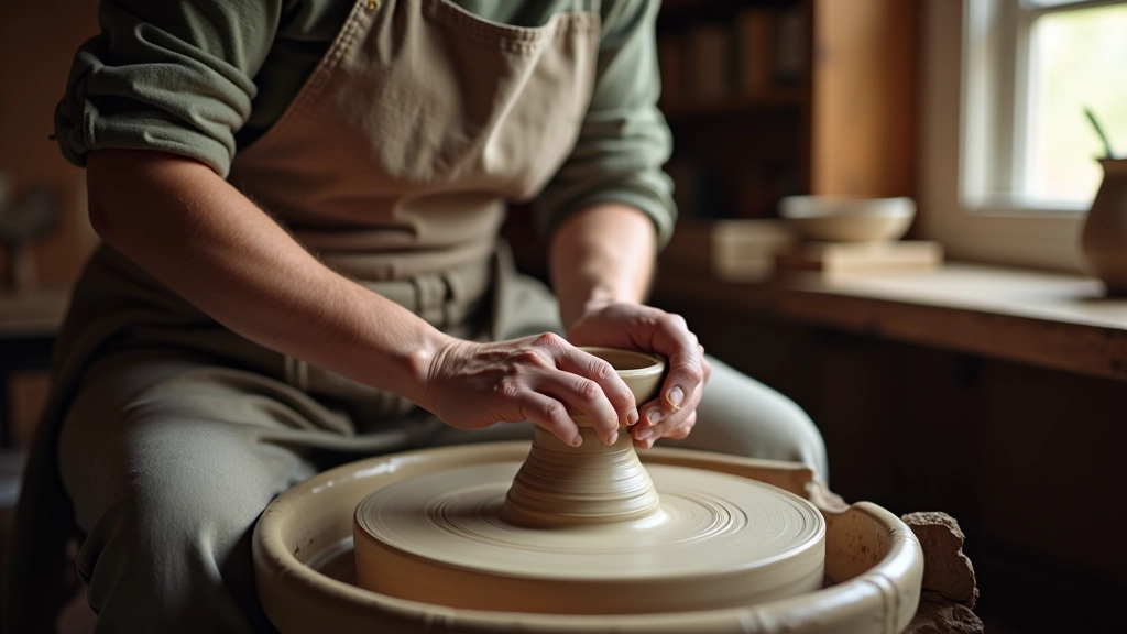 Potter's hands shaping clay on a traditional wooden spinning wheel in natural workshop light