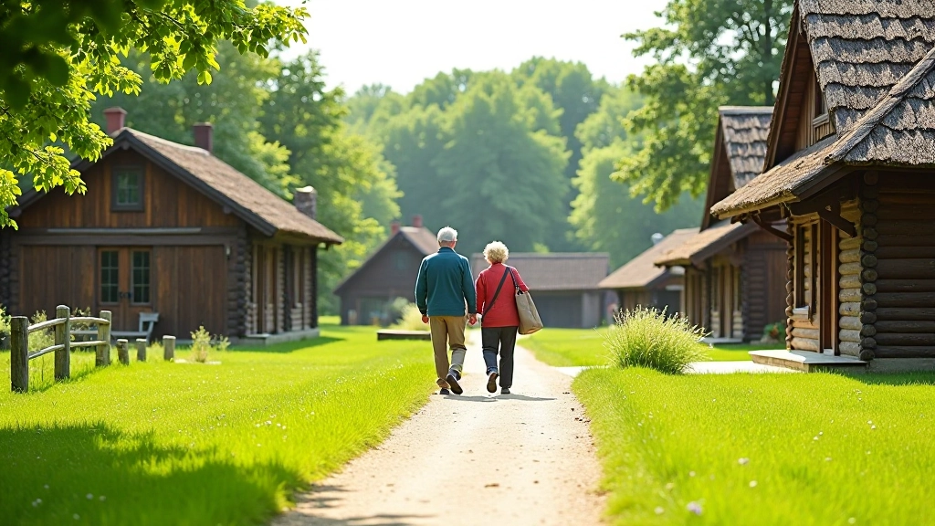 Walking path through farmstead quarter with multiple traditional buildings visible, green landscape, and visitors exploring the grounds