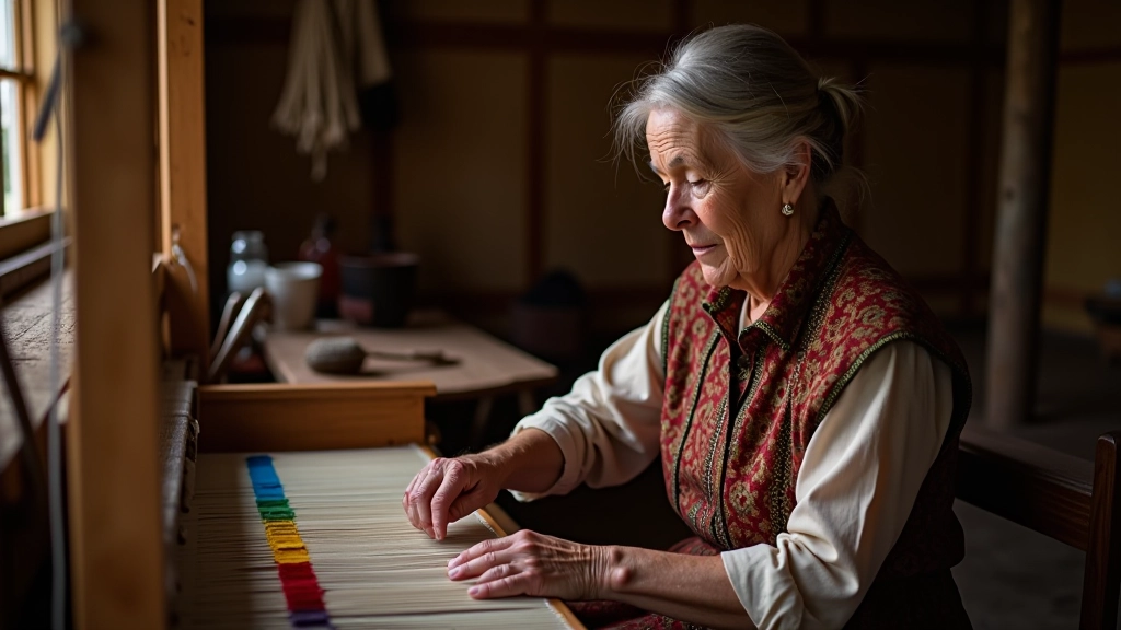 Woman operating traditional wooden loom with colorful threads creating patterned textile fabric