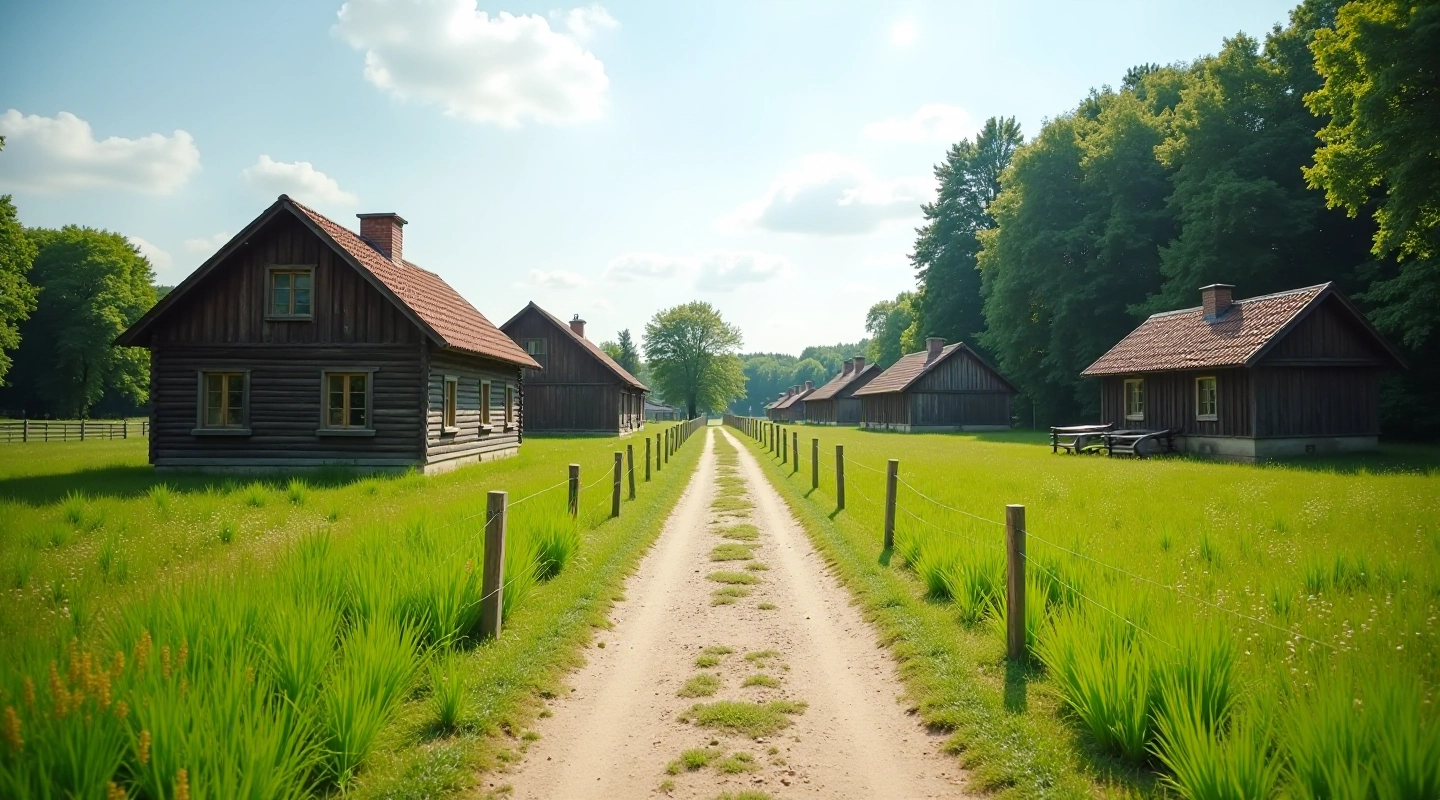 Scenic pathway through traditional Lithuanian village with wooden buildings and natural landscape