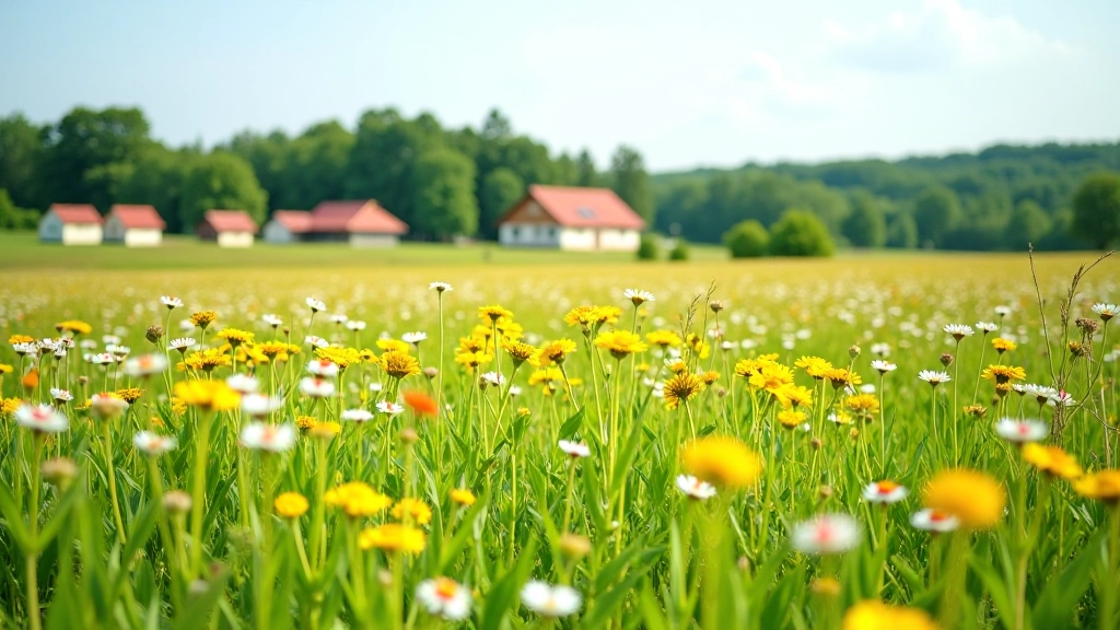 Wide meadow landscape dotted with wildflowers in bloom, traditional wooden buildings visible at forest edge, clear blue sky overhead, peaceful countryside atmosphere