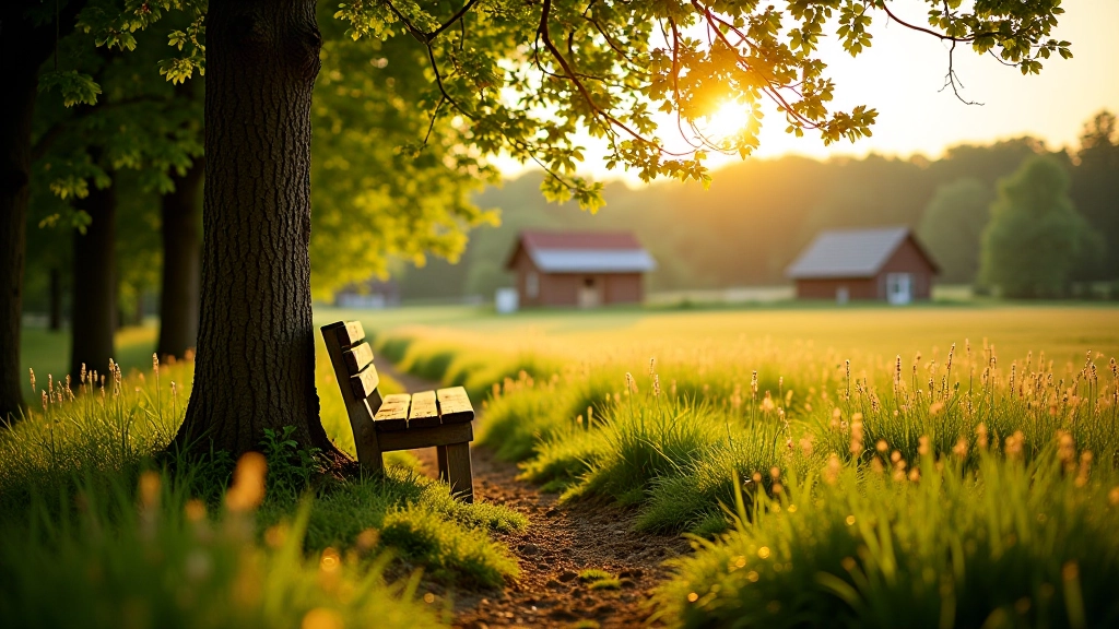 Traditional wooden bench positioned on a woodland clearing overlooking rolling meadow with wildflowers and historic farmstead buildings visible in distance
